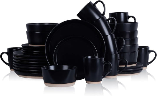 Stone Lain Jules Modern Stoneware 32-Piece Round Black Dinnerware Set, Plates and Bowls Sets, Dish Set for 8, Black