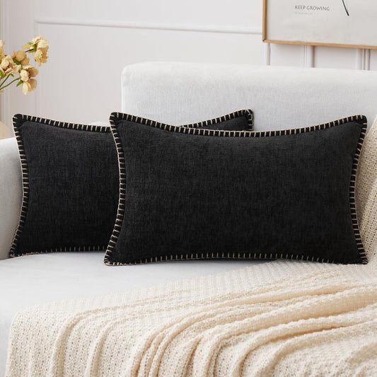 MIULEE Pack of 2 Couch Throw Pillow Covers 12x20 Inch Black Farmhouse Decorative Pillow Covers with Stitched Edge Soft Chenille Solid Dyed Spring Pillow Covers for Sofa Bed Living Room