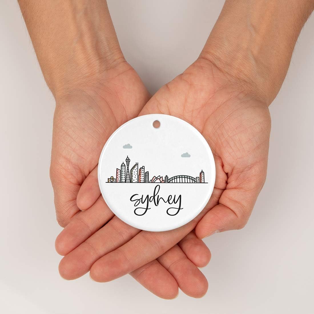 Andaz Press Round Ceramic Porcelain Christmas Tree Ornament Keepsake Gift, Sydney, Colorful International City Skyline Graphic, 1-Pack, Birthday Ideas Family Coworker Him Her, Gift Box