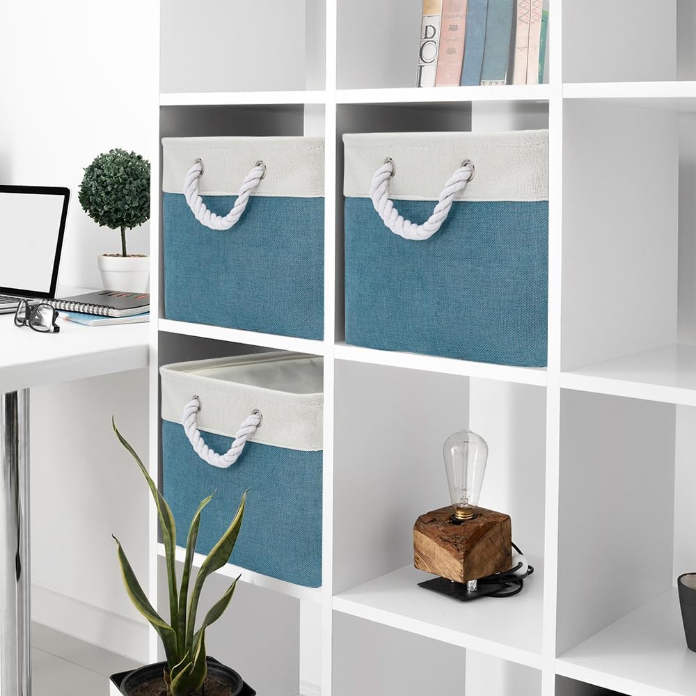 Storage Basket for Organizing - 17X15X12 inch 2 Pack Canvas Storage Bin for Shelves, Fabric Storage Cubes for Cloth Decorative Books Nursery (White & Green)