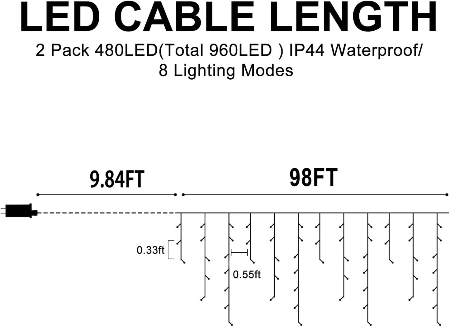 Christmas Lights Outdoor, 2 Pack Total 98FT 960 LED Ice Lights for Outside with 180 Drops 8 Modes Timer Memory, Plug in Waterproof for Holiday Eaves Yard Roof Party Christmas Decor (Multicolor)