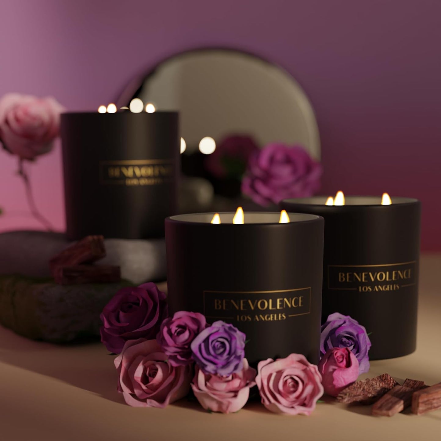 Benevolence LA 3 Wick Candle, Rose & Sandalwood Large Scented Candle | Soy Candles | Gifts for Women and Men | Home Fragrance | Aromatherapy | Bathroom Freshener 14.5 Oz, 45 Hour Burn