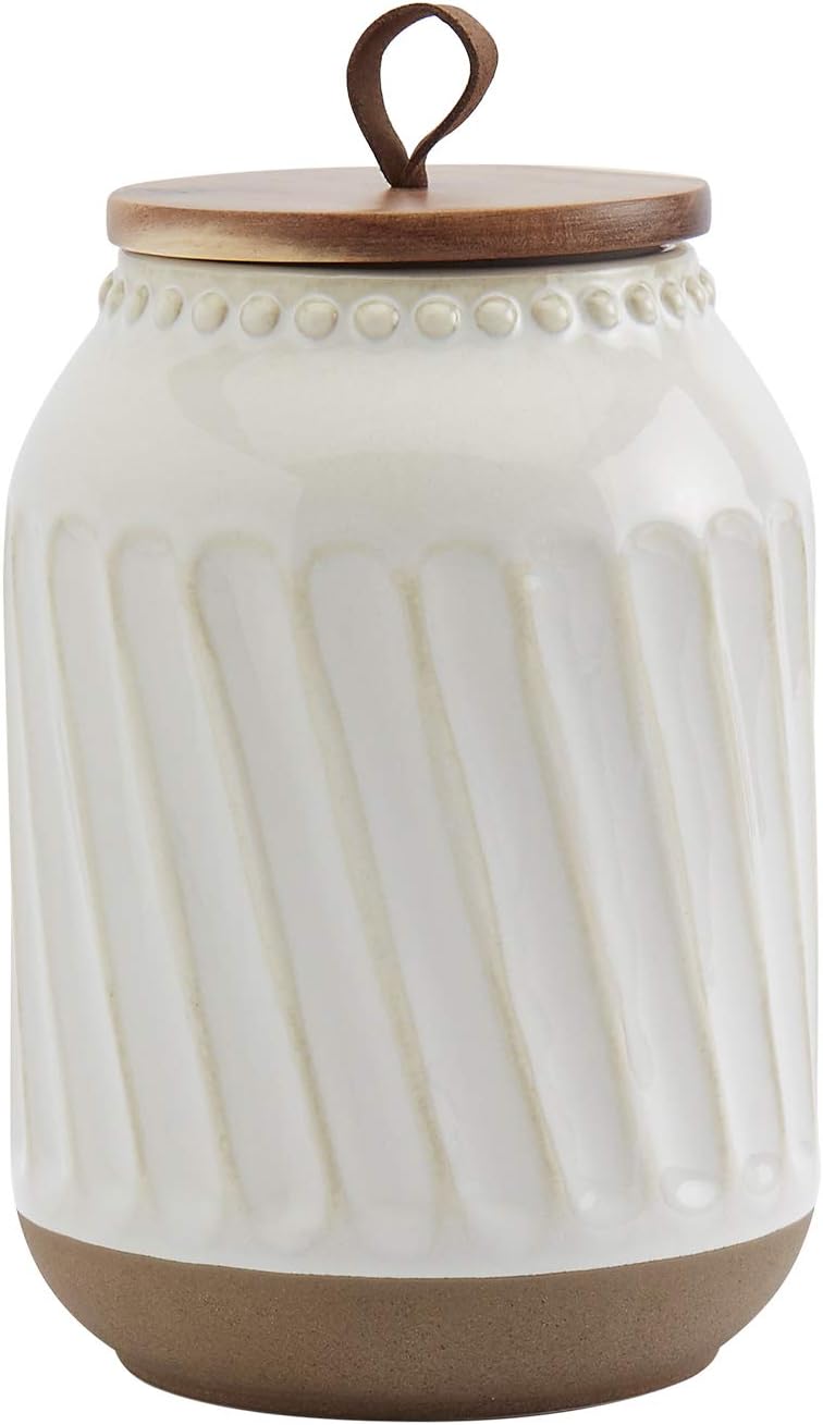 TTU Tabletops Gallery Ceramic Canister Collection- Stoneware Designed Kitchen Storage Embossed Acacia Wood White Set, 3 Piece Embossed Ziggy White Canister Set