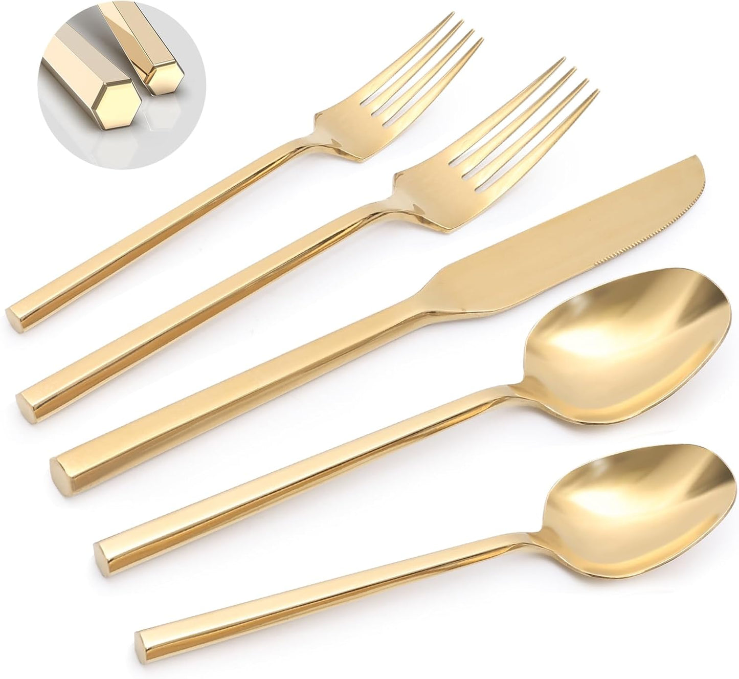 Gold 20 Piece Stainless Steel Silverware Set, Handle Flatware, Modern Mirror Finish Cutlery Set, Service for 4, Dishwasher Safe