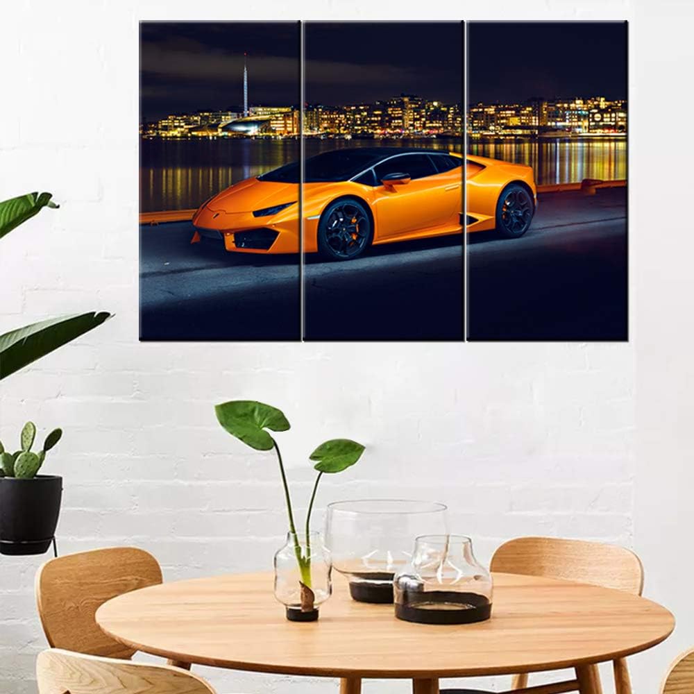 TUMOVO Orange Sports Car On Seascape and Skyline Wall Art Painting The Picture Print On Canvas Racing Car Pictures for Home Decor Decoration Gift - 28 x 14inch x 3 panel