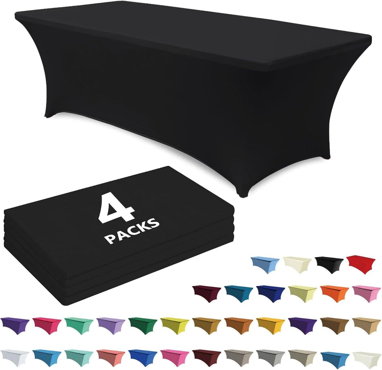 ABCCANOPY 4 Pack 8 FT Black Spandex Table Cover Stretch Fitted Wrinkle Resistant Tablecloth Reuse for Rectangular Folding Table Patry Event Wedding Banquet Protector