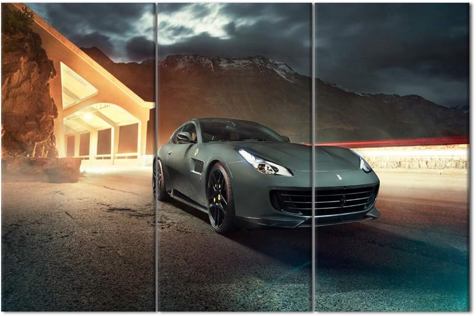 TUMOVO Skyline and Black Super Car Canvas Print Wall Art Picture Canvas Prints with Frame Home Decor for Livingroom Ready to Hang 40 x 20inch x 3 Panels