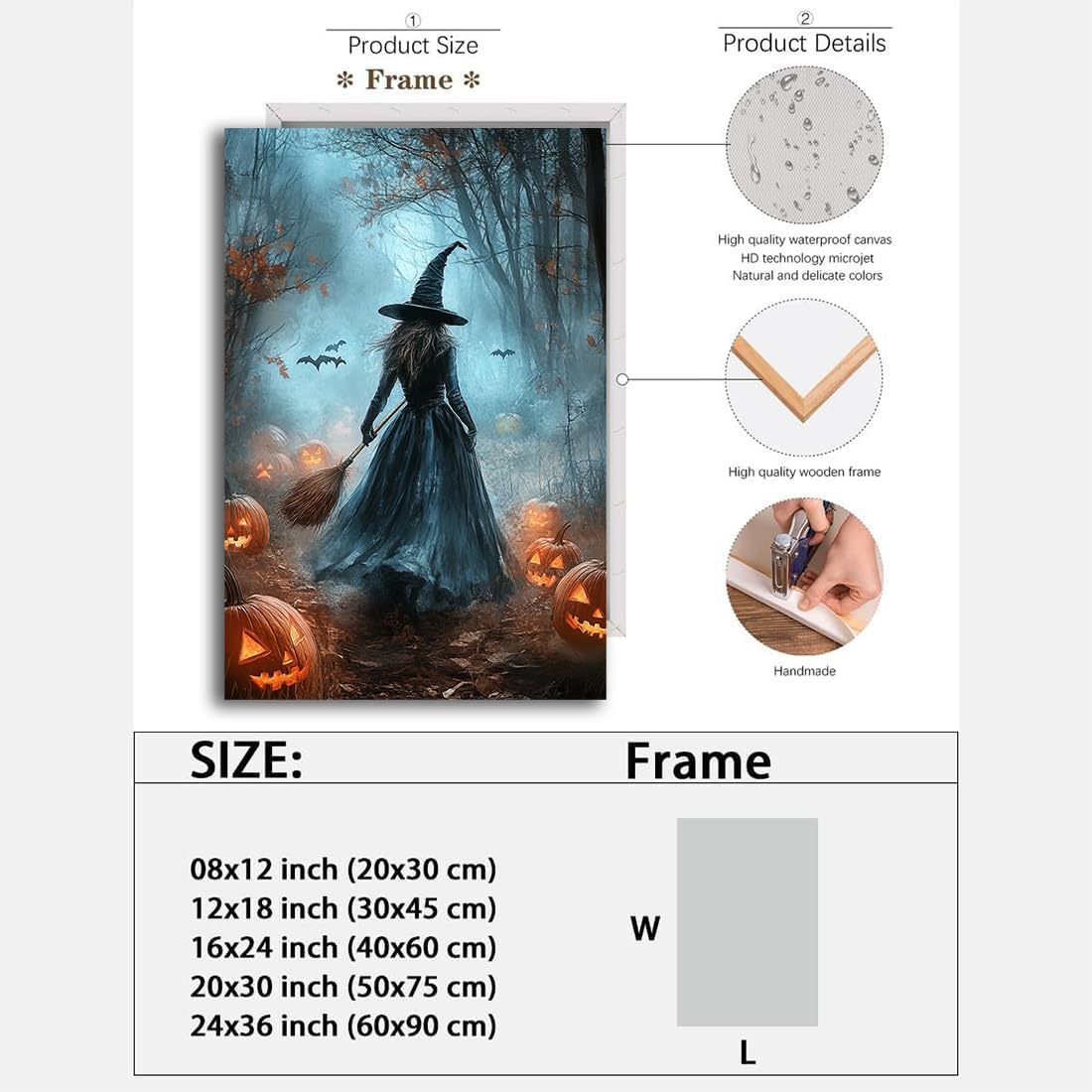 Vintage Moody Halloween Witch Artwork Wall Decor,Spooky Halloween Gothic Canvas Artwork Creepy Horror Witch with A Broom Pumpkin Bats Rustic Forest Picture,Dark Academia Poster,20"x30" Framed