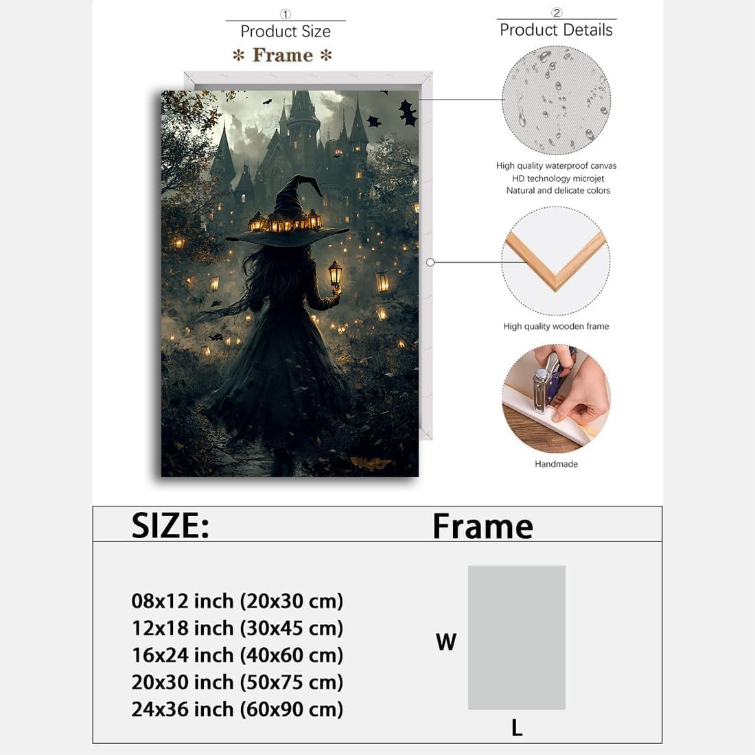 Halloween Witch and Haunted House Canvas Wall Art,Dark Academia Scary Witch Castle Posters Prints,Thriller Horror Gothic Wall Decor Pictures for Halloween Party House Decoration,8"x12" Framed