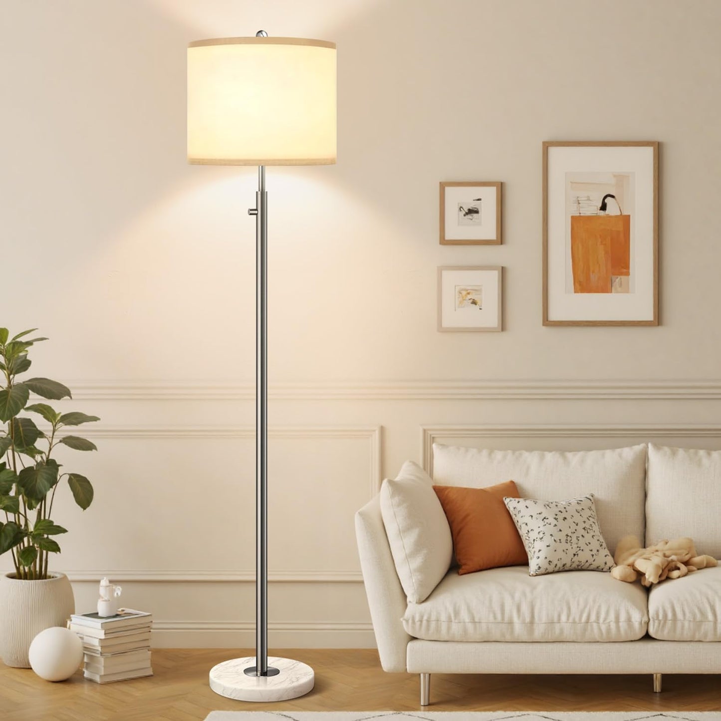 【Upgraded】 Dimmable Floor Lamp for Living Room, 11W LED Bulb Included, Modern Standing Lamp with Marble Base, Tall Pole Light with Linen Shade for Bedroom Reading Office Corner Nursery-Brushed Nickel