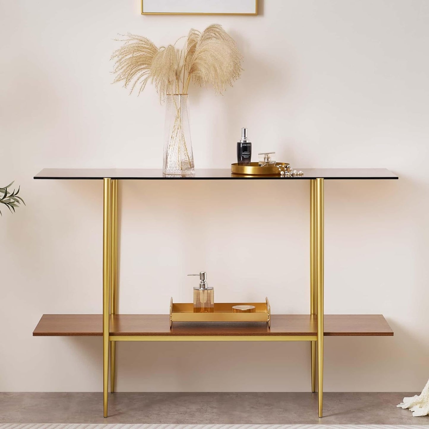 Extra Large Glass Console Table for Living Room, Foyer & Entrance, L47 x W16 x H31, Mid-Century Modern Sofa Table with Amber Glass Top, Walnut Finish Wood Top and Gold Finish Metal Frame