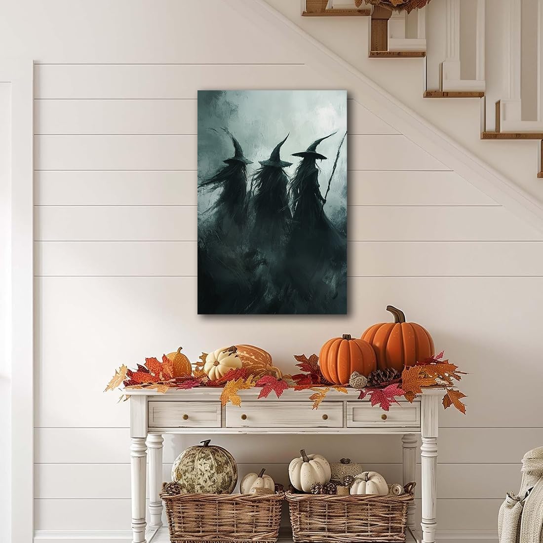 Gothic Witchs Horror Halloween Wall Art,Three Witches in Moody Forest Painting Wall Decor,Autumn Spooky Witches Forest Canvas Printing For Gallery Living Room Bedroom,16"x24" Framed
