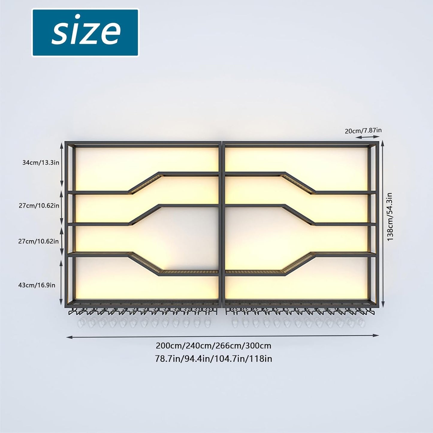 94.4in Wall Mounted Wine Rack with LED Light, 5-Tiers Liquor Bottles Display Shelf with Glasses Holder, Metal Home Bar Shelves with Industrial Iron Frame for Kitchen (Black, 94.4in/7.87ft)