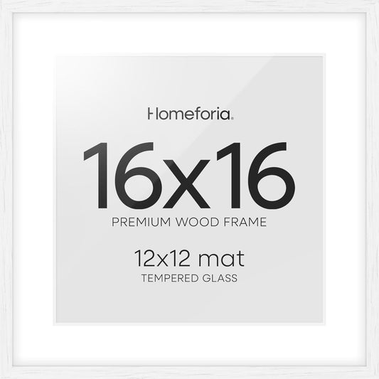 Homeforia 16x16 White Picture Frame, High End Oak 16 x 16 Square Wood Frames with Mat 12 by 12 inches Photo, 16by16 White Wooden Poster Frames Matted to 12x12 Print, Tempered Glass, Wall Kit, Set of 1