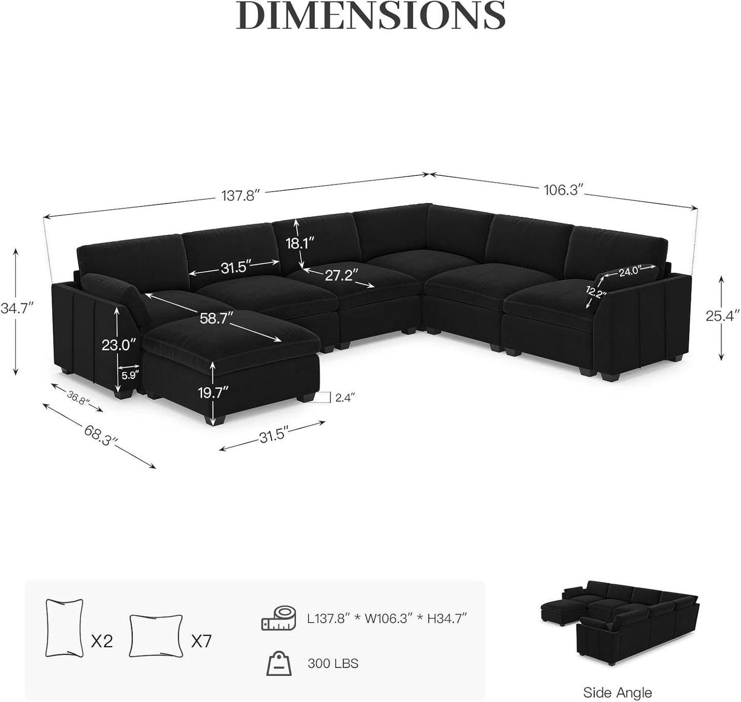 Belffin Oversized Sectional Couch,137.8" 7-Seater U Shaped Modular Sectional Sofa with Ottoman,Convertible Velvet Couches for Living Room,Black Couch