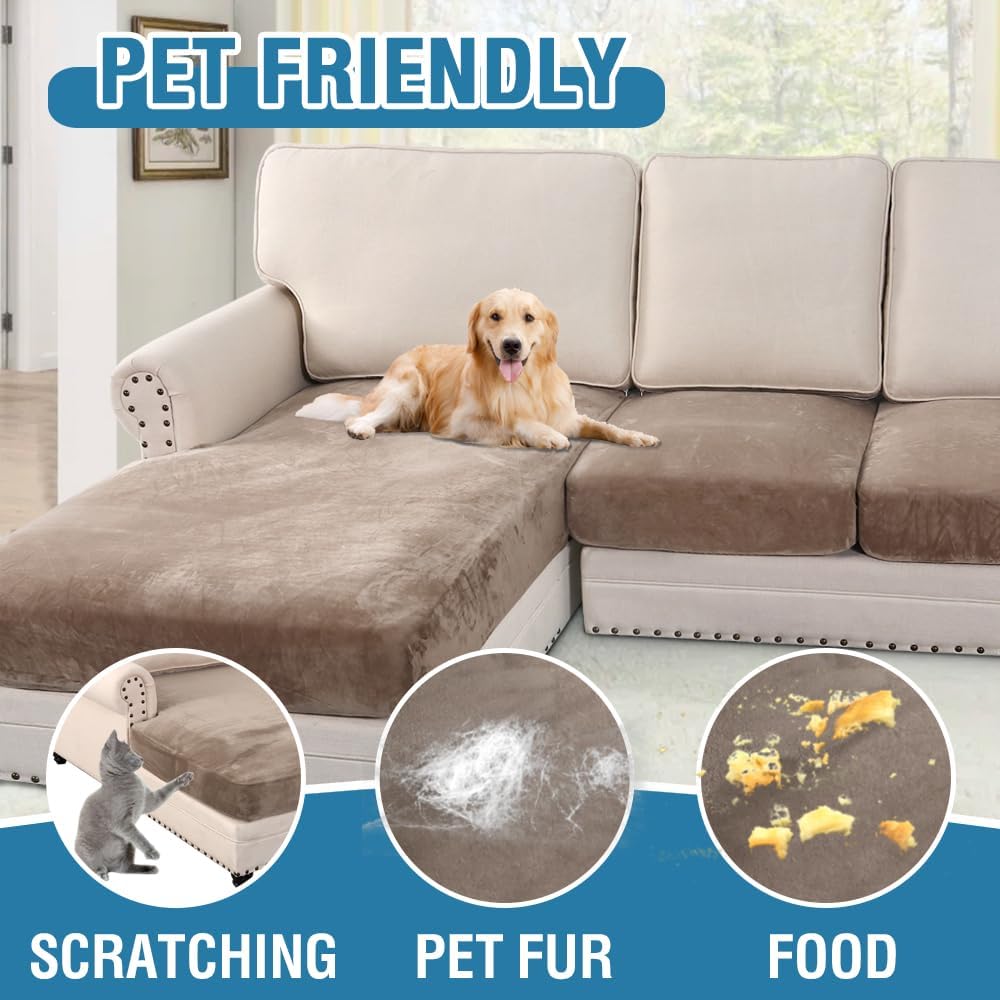 H.VERSAILTEX Velvet Stretch Sectional Couch Covers 4 Pieces Sofa Seat Cushion Covers L Shape Separate Cushion Couch Cover for Both Left/Right Sectional Couch (Large Sofa 3 Seater + 1 Chaise, Taupe)
