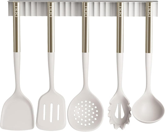 OOU Silicone Kitchen Cooking Utensils Set, 446°F Heat Resistant Kitchen Tool Set with Magnetic Wall Mounted Holder, 6 pcs Spatula Set with Stainless Steel Handle, Dishwasher Safe