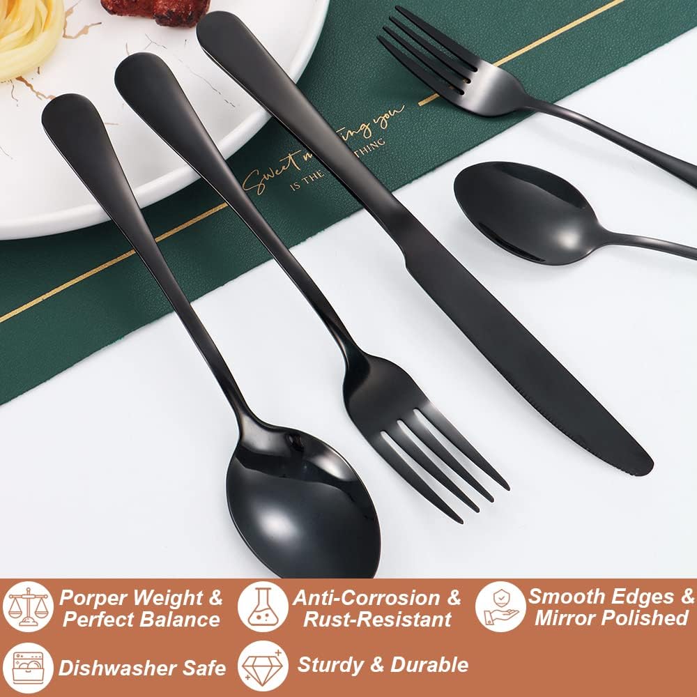 Lazycorner 30 Pcs Black Silverware Set for 6, Mirror Polished Flatware Set Stainless Steel Fork Knife Spoon, Food Grade Eating Utensils Sets, Reusable Silverwear Cutlery Set, Dishwasher Safe