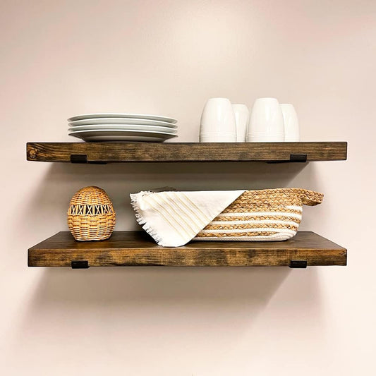 Rustic Shelves with J-Brackets Set of 2, Industrial Shelf, Kitchen Shelves, Solid Wood, Decorative Wall Storage, Heavy Duty, URBANDI (Dark Brown, 48Wx12D)