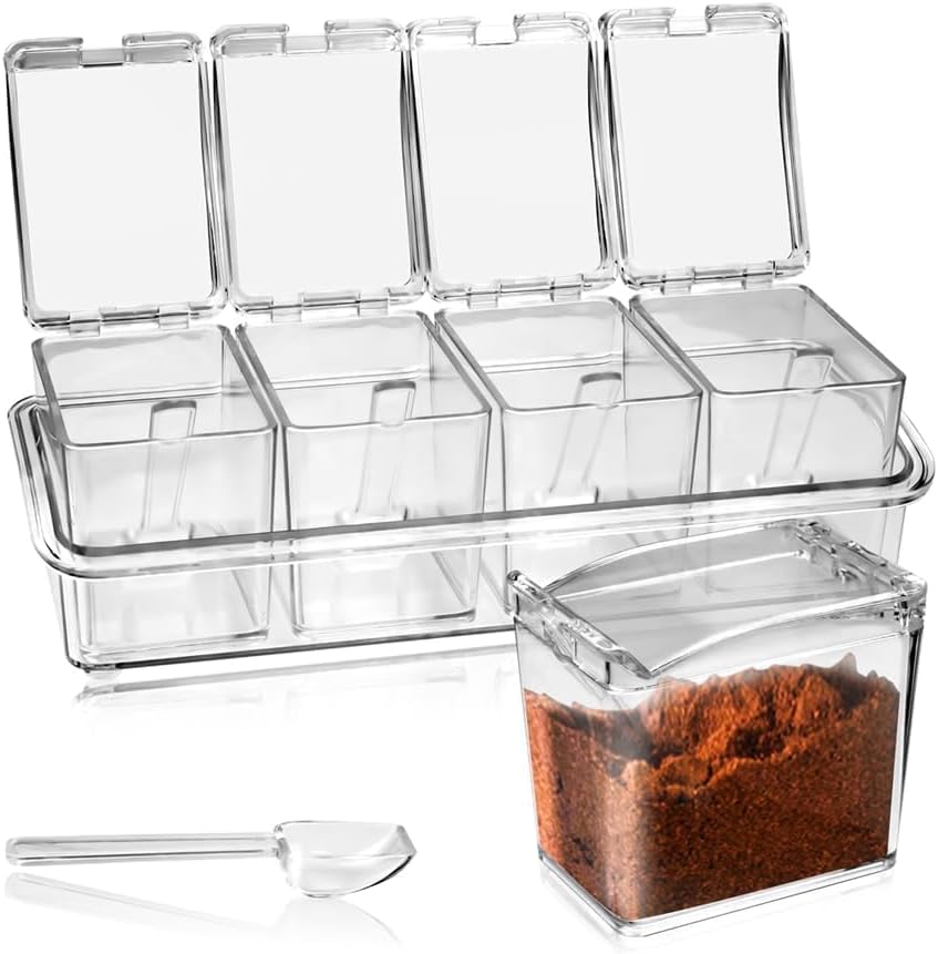 4-Cell Clear Seasoning Rack Spice Box, Storage Container Condiment Jars Acrylic Seasoning Box with Cover and Spoon (Basic Clear)