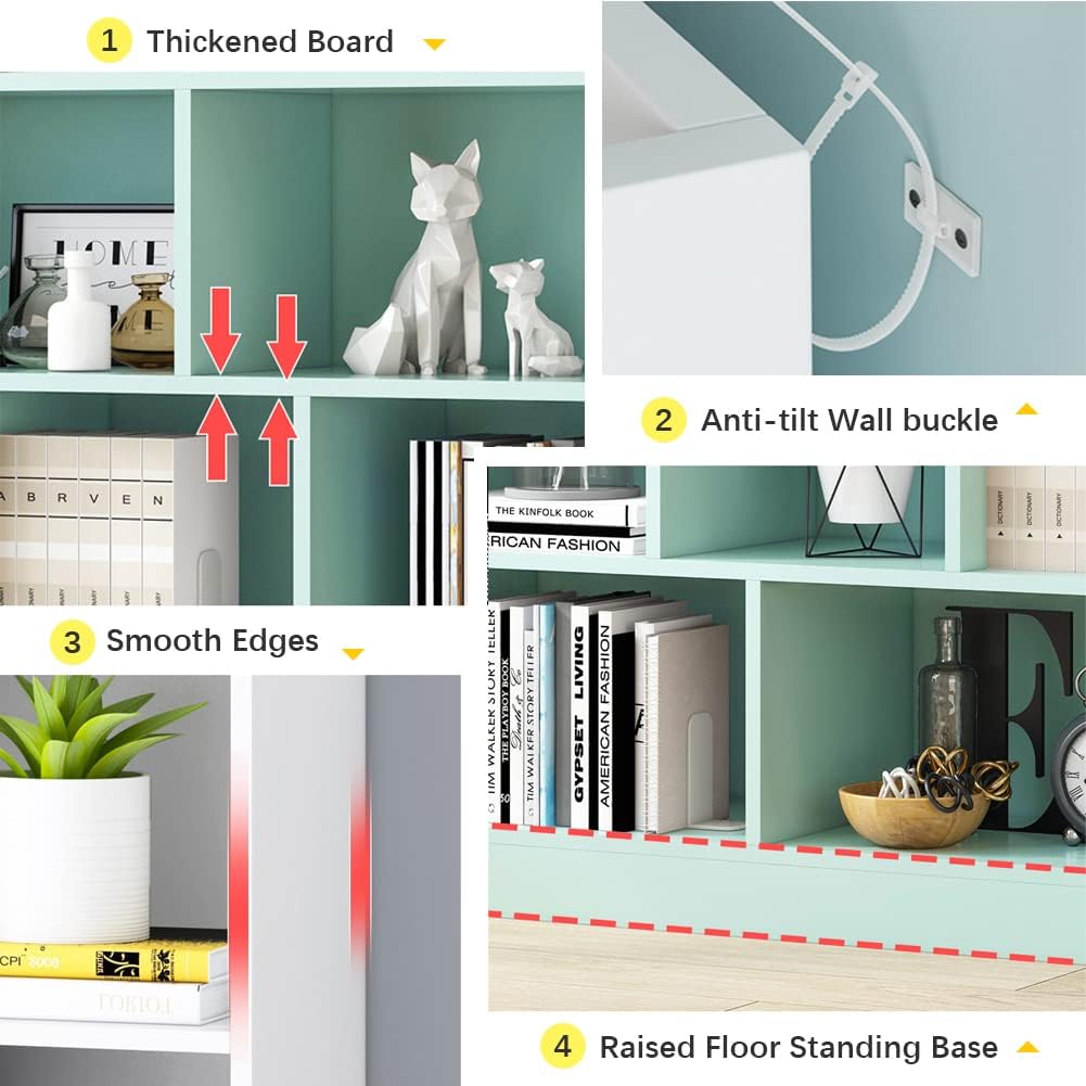 IOTXY Open Shelf Low Bookcase - Wooden 3-Tier Floor Standing Display Cabinet Organizer with Base, 7 Cubes Short Horizontal Bookshelf in Tiffany-Green