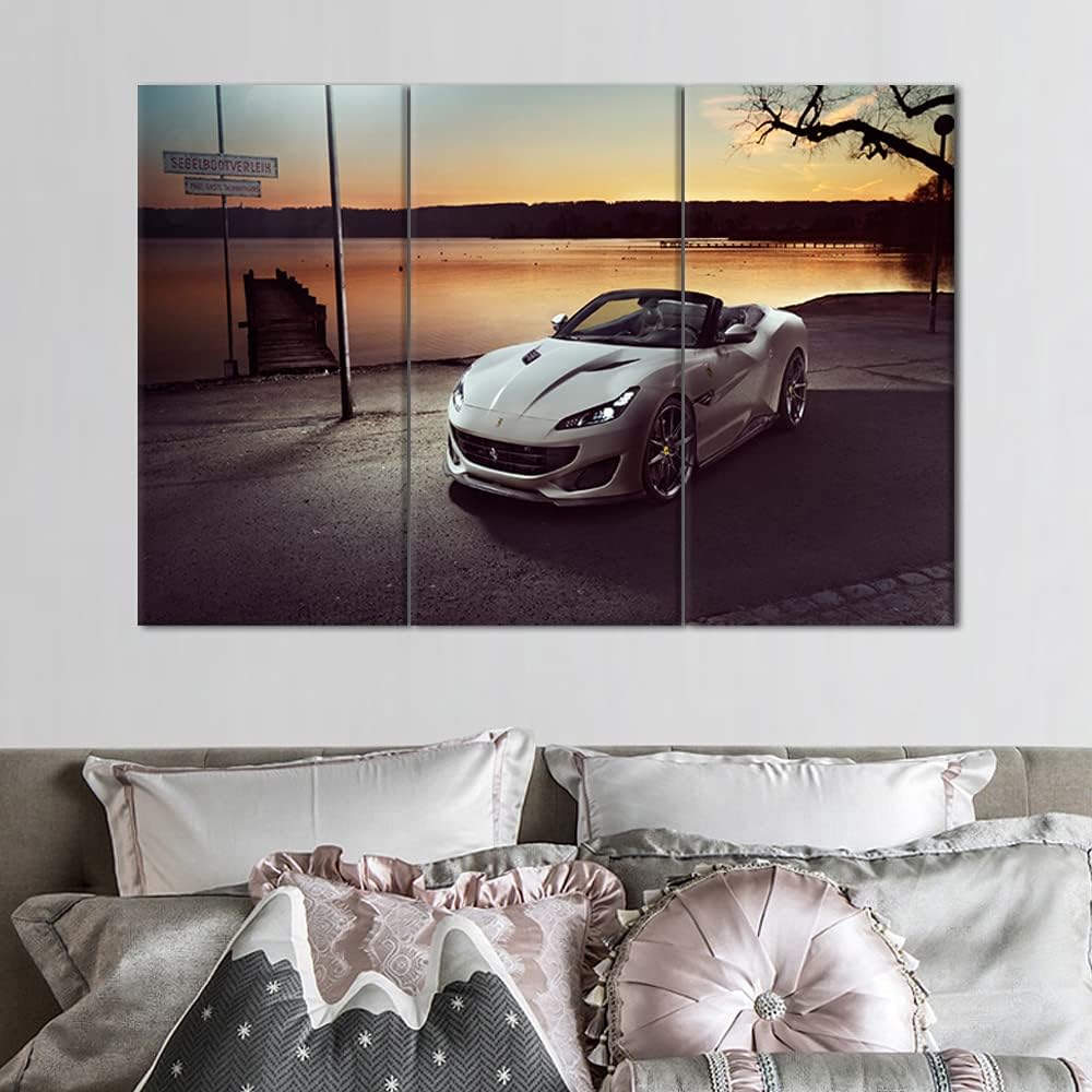 TUMOVO 3 Pieces Wall Art Landscape and White Sports Car Painting The Picture Print On Canvas Racing Car Pictures for Home Decor Decoration Gift Piece 40 x 20inch x 3 Panels
