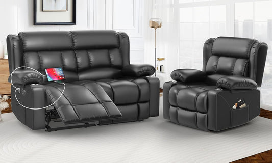 Loveseat Recliner Sofa Set with 2+1 Pieces, 2 Seater Minimalist Style Manual Pull Tab Reclining Loveseat with USB Charge Ports, Cup Holders, Recliner Couches for Living Room, RV, Black