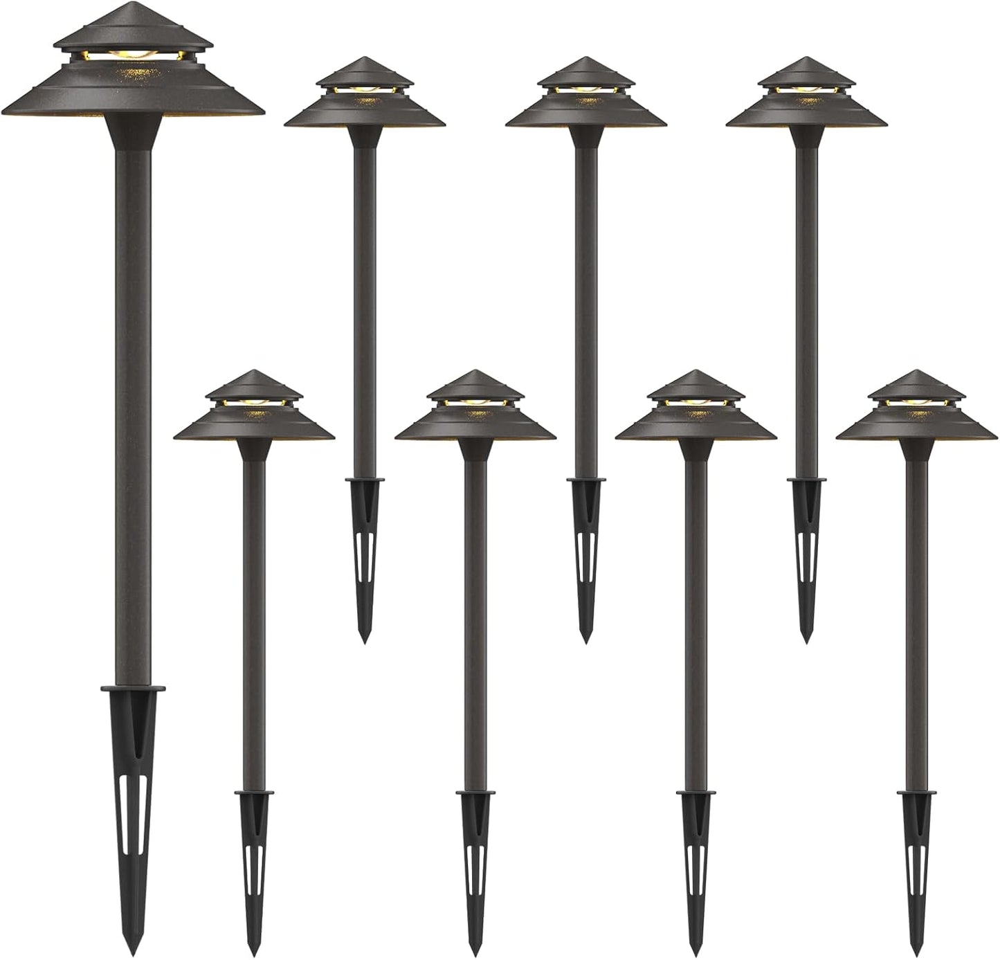 GOODSMANN Pathway Lights Kits 3W LED 8PK Outdoor Low Voltage Landscape Lighting 180 Lumen Hardwired 2 Tier Pagoda Path Light 3000K Warm White Metal 12V Electric Sidewalk Walkway Lights with Connectors