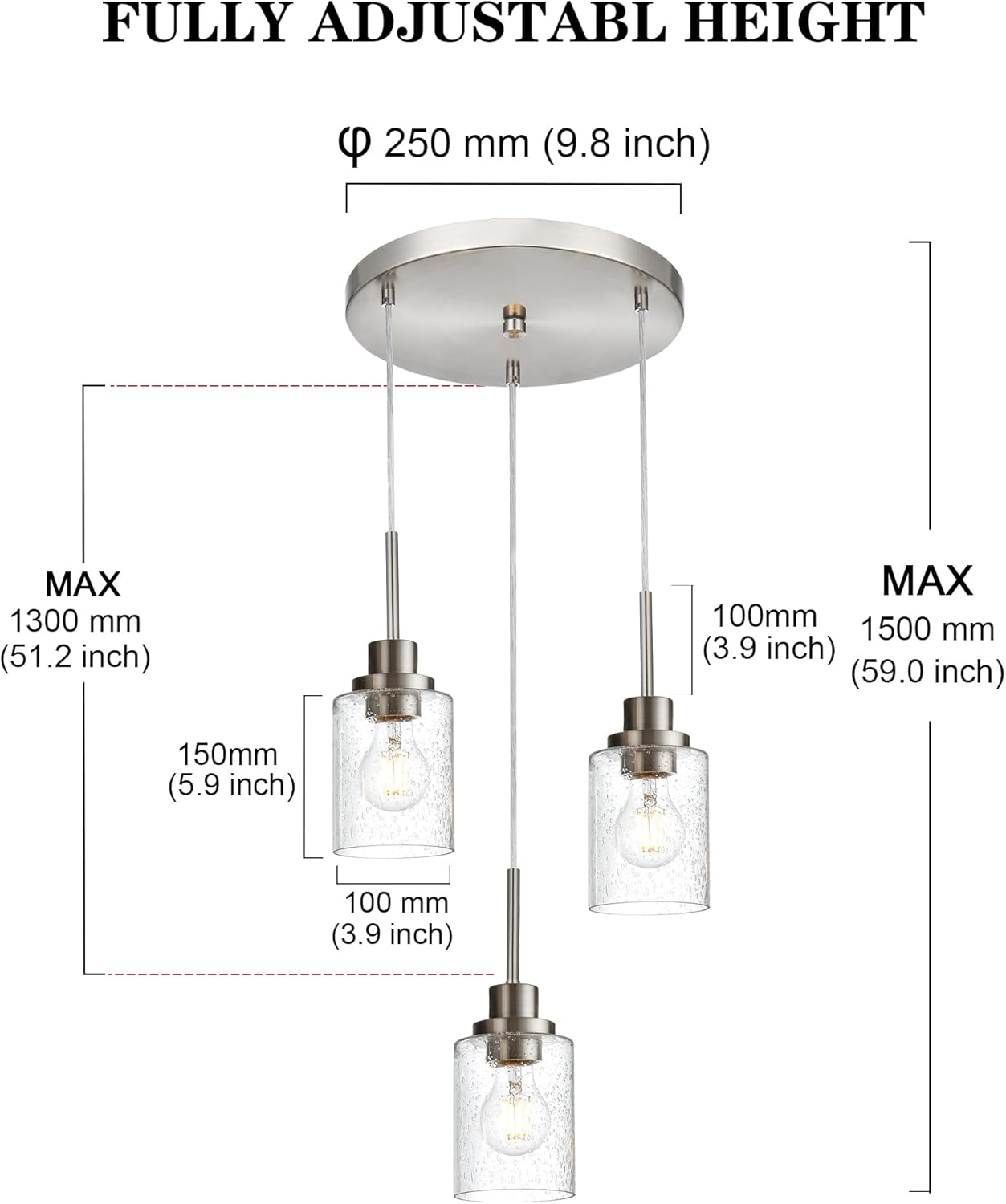 3-Light Contemporary Pendant Lighting with Clear Seeded Glass,Brushed Nickel Dining Room Chandelier Light Fixture Modern Kitchen Island Cluster Hanging Ceiling Pendant Lights for Sink Bar
