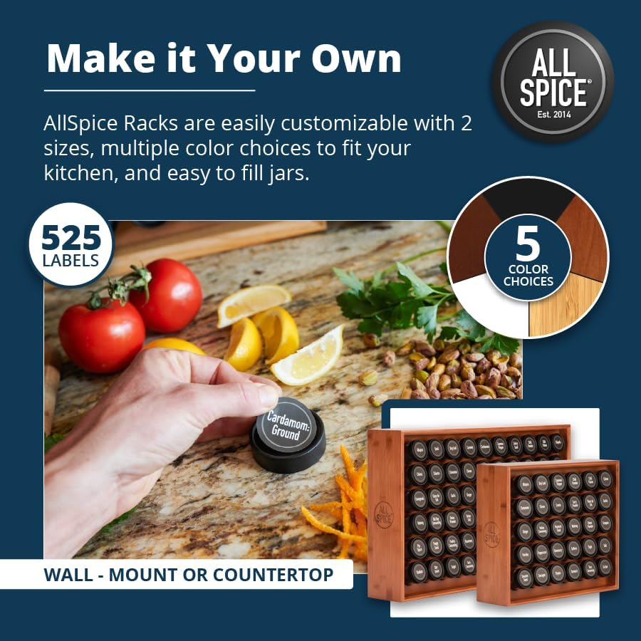 AllSpice Spice Rack Organizer, Wood, 525 Unique Labels, Countertop or Wall Mount, Includes 30 4oz Jars- Cherry Stain