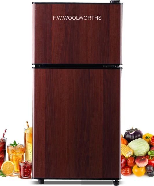 3.5 Cu.Ft Mini Fridge with Freezer, Compact Refrigerator with 2 Doors for Office, Kitchen, Dorm and Bedroom, Small Fridge with 7 Level Temp Adjustable Thermostat, Wood