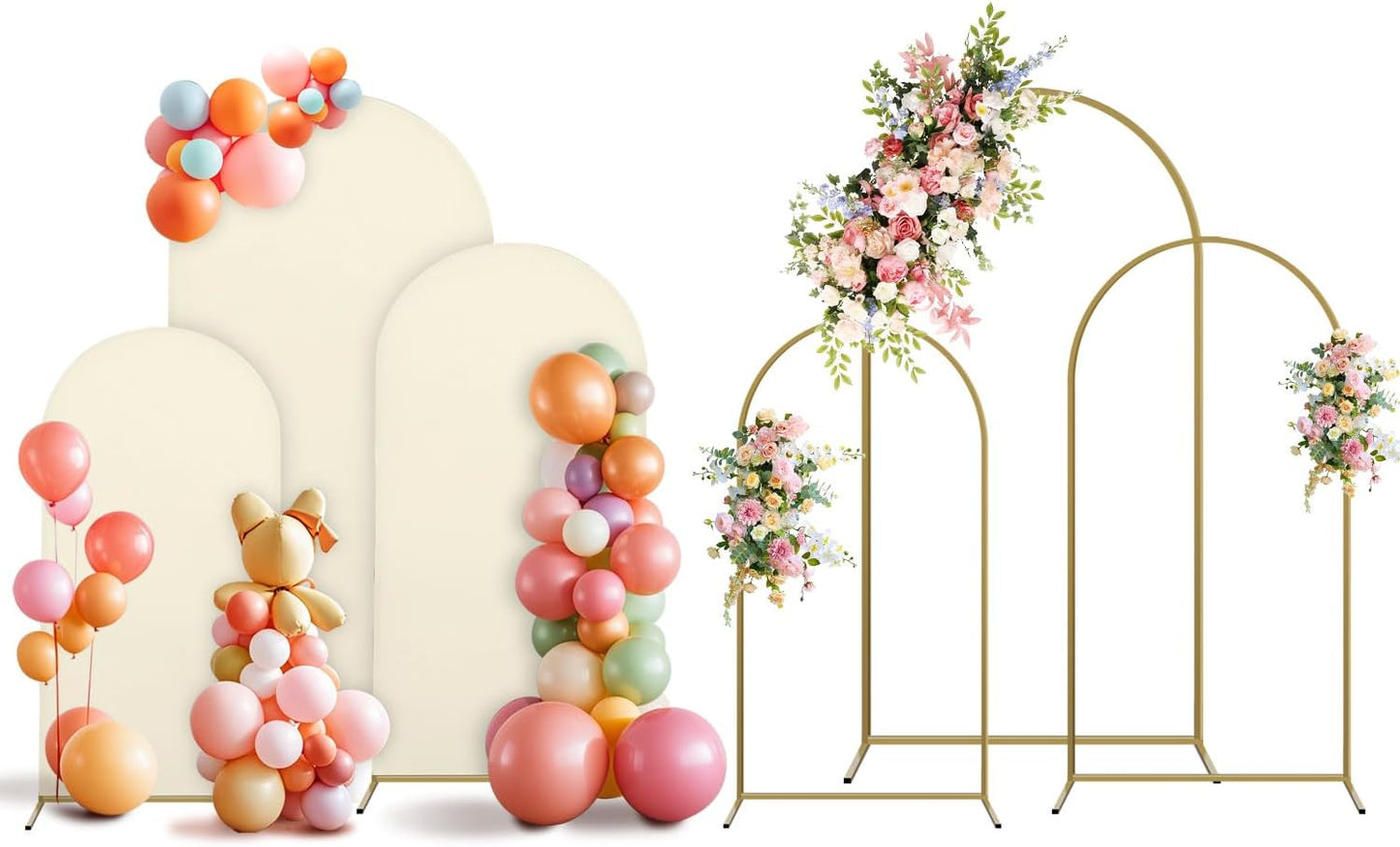 Arch Backdrop Stand and Cover Set, 3 Metal Balloon Arch Backdrop 4ft 5ft 6ft, Gold Arched Stand Frame for Wedding, Parties,Birthday, Backdrop Decorations (Beige,4ft+5ft+6ft)