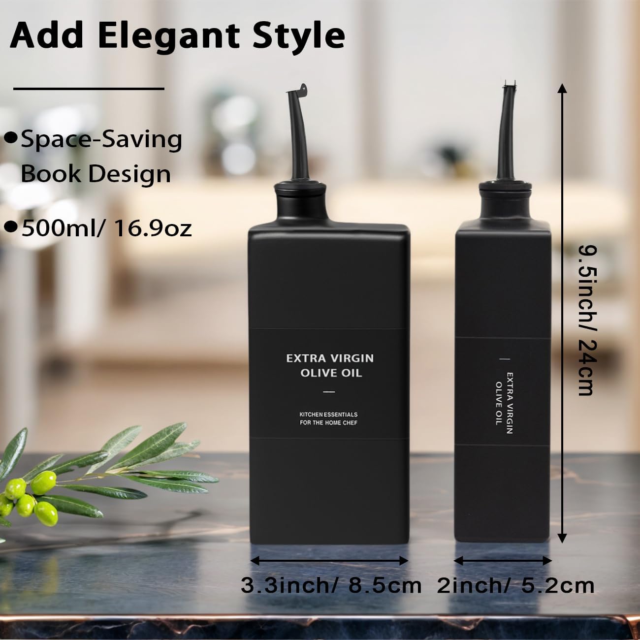 Olive Oil Dispenser Bottle for Kitchen 16.9oz, Glass Oil Bottles and Vinegar Dispenser Set, Decorative Avocado Oil Dispenser Set (Black, Set of 2)