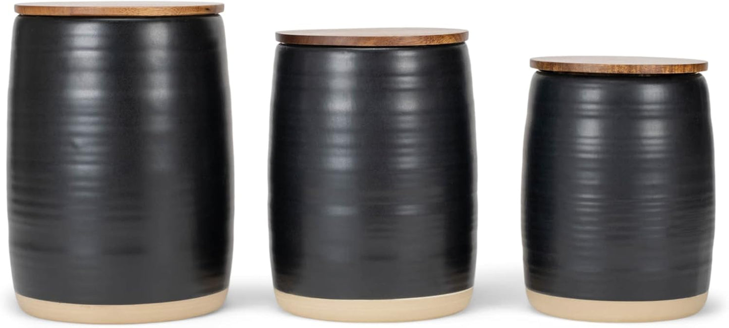 Nat & Jules Lidded Black 6 inch Ceramic and Wood Kitchen Canisters Set of 3