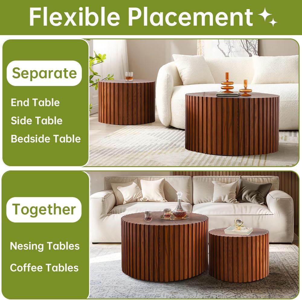 Round Nesting Coffee Table Set of 2 Small Round Coffee Tables for Living Room Modern Fluted Coffee Table Circular End Table Side Table for Small Spaces No Assembly (Brown, 18 in)