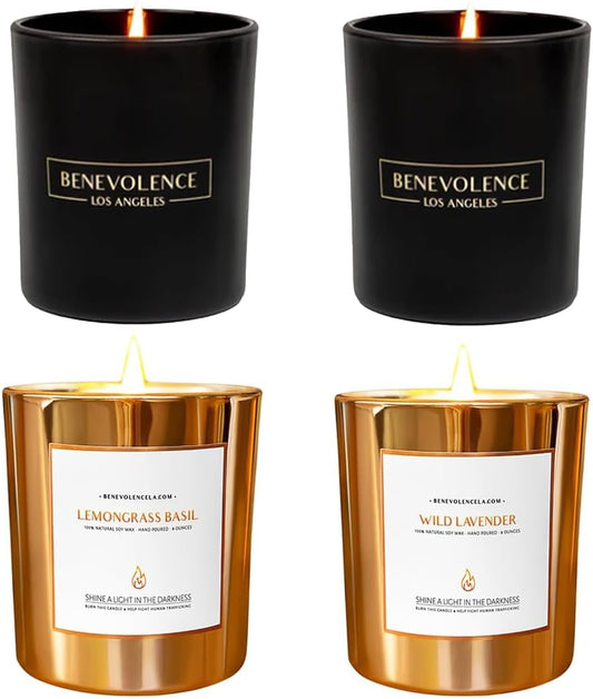 Benevolence LA Scented Candle Gift Set – 4-Pack Soy Candles with Wood Wicks – Rose & Sandalwood, Wild Lavender, Eucalyptus & Chamomile, Lemongrass & Basil – 8oz Each – Aromatherapy & Home Fragrance