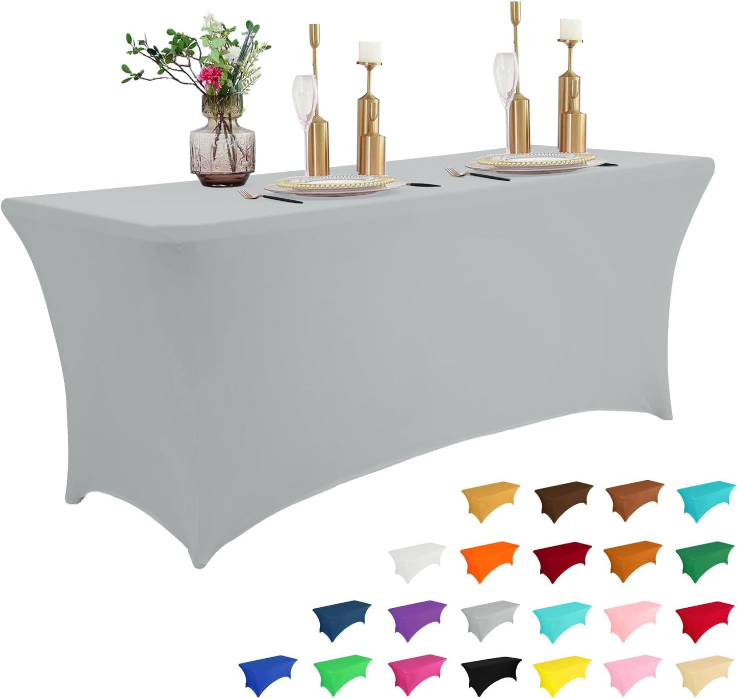 IVAPUPU 8FT Table Cloth for Rectangular Fitted Events Stretch Grey Table Covers Washable Cover Spandex Tablecloth Protector for Party, Wedding, Cocktail, Banquet, Festival