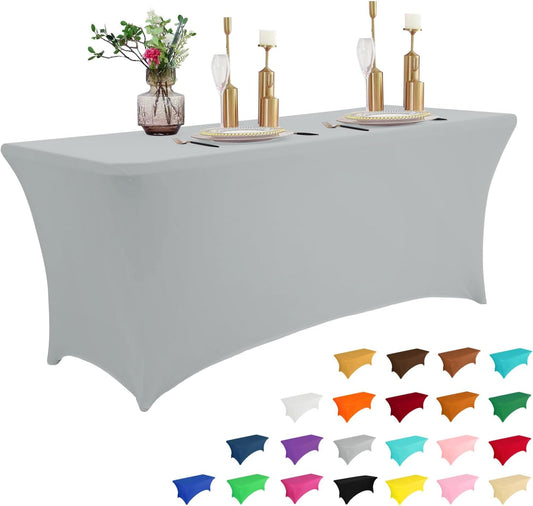 IVAPUPU 8FT Table Cloth for Rectangular Fitted Events Stretch Grey Table Covers Washable Cover Spandex Tablecloth Protector for Party, Wedding, Cocktail, Banquet, Festival