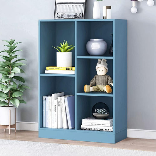 IOTXY Open Shelf Low Bookcase - Wooden 3-Tier Floor Standing Display Cabinet Organizer with Base, 5 Cubes Short Horizontal Bookshelf in Bright Blue