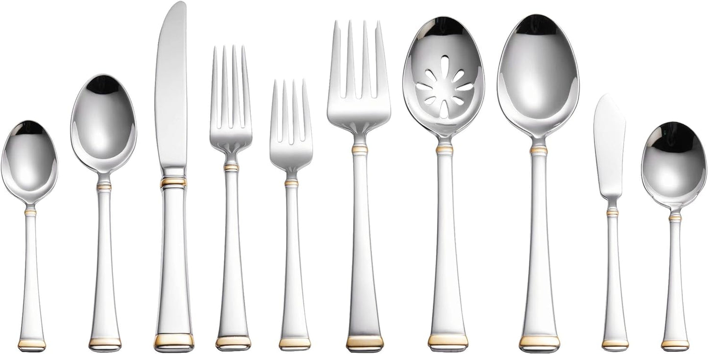 Mikasa Gold Accent Harmony Flatware Set for 12, 65 Piece 18/10 Stainless Steel Silverware with Gold-Trimmed Handles and Serving Utensils, Elegant Dinnerware Service
