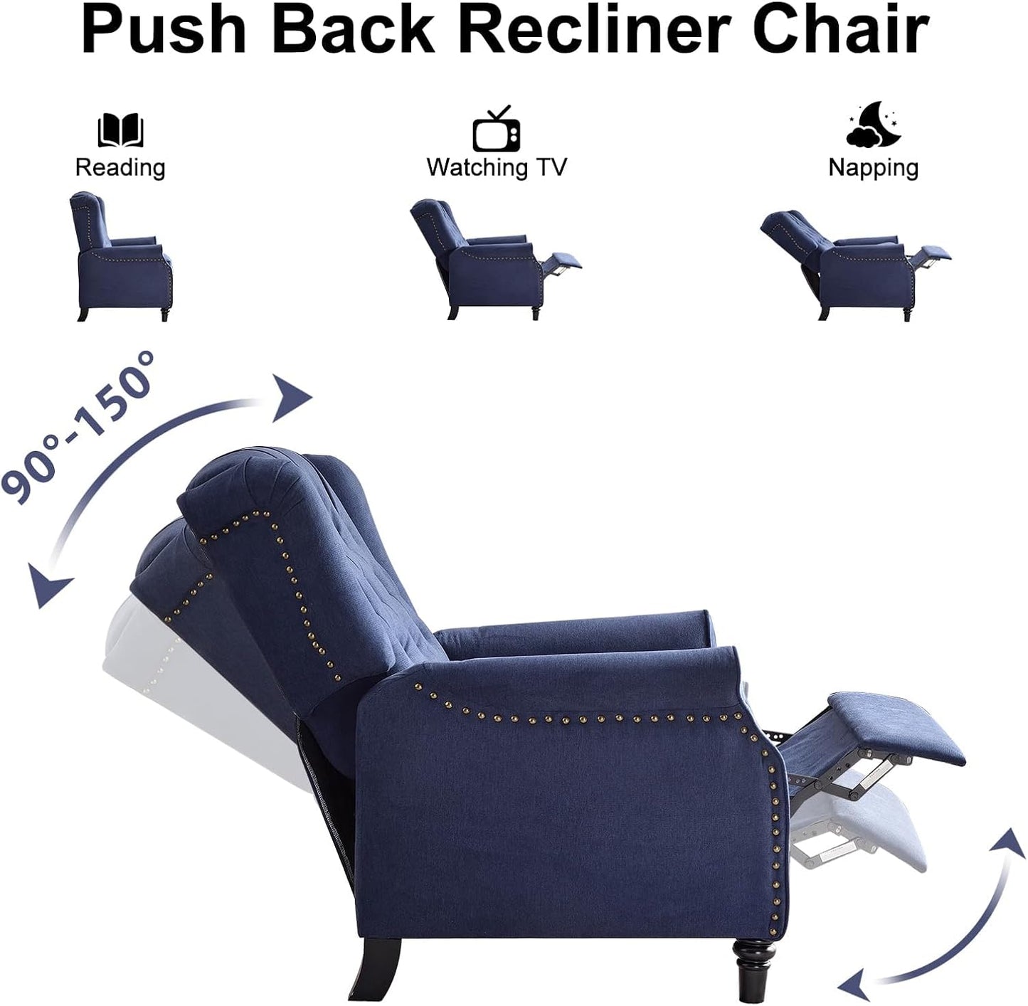 EBELLO Pushback Recliner Chair, Fabric Armchair Push Back Recliner with Rivet Decoration, Single Sofa Accent Chair for Living Room, Bedroom, Navy Blue