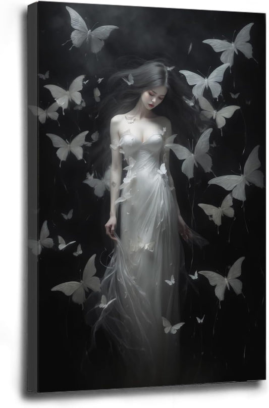 Vintage Gothic Feminine Canvas Wall Art Print Butterfly Poster Moody Female Wall Art Retro Artwork Dark College Decor for Home Bedroom16x24in Wood Framed