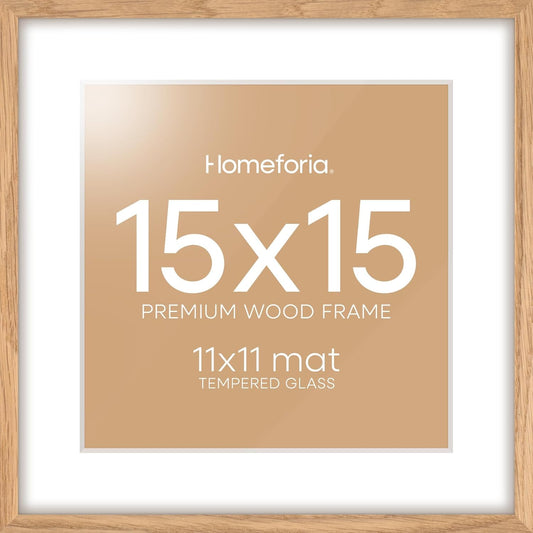Homeforia 15x15 Picture Frame Natural Wood, High End Oak 15 x 15 Square Light Wooden Frames with Mat 11 by 11 inch Photo, 15by15 Poster Frames Matted to 11x11 Print, Tempered Glass, Wall Kit, Set of 1