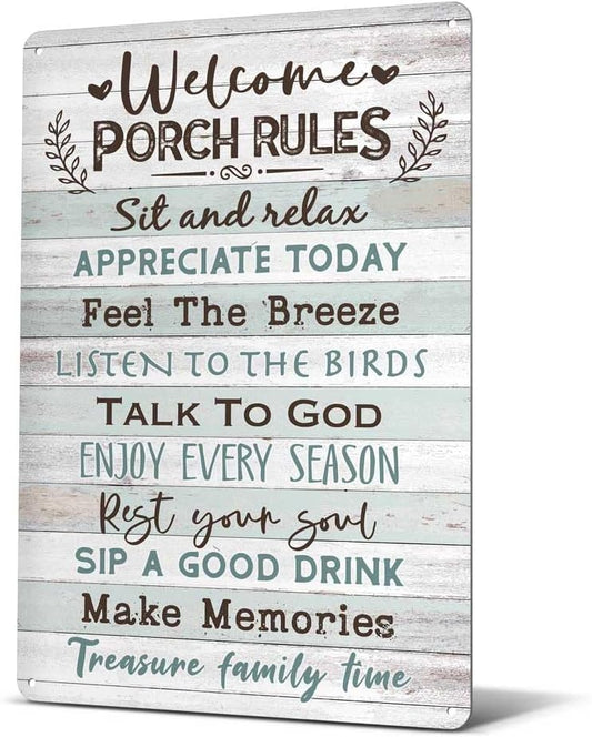 Heuhuww Heuhuww Welcome Porch Rules Tin Sign,Vintage Patio Wall Art Decor,Outdoor Rustic Farmhouse Home Patio Backyard Decor12" x 8"(H20)
