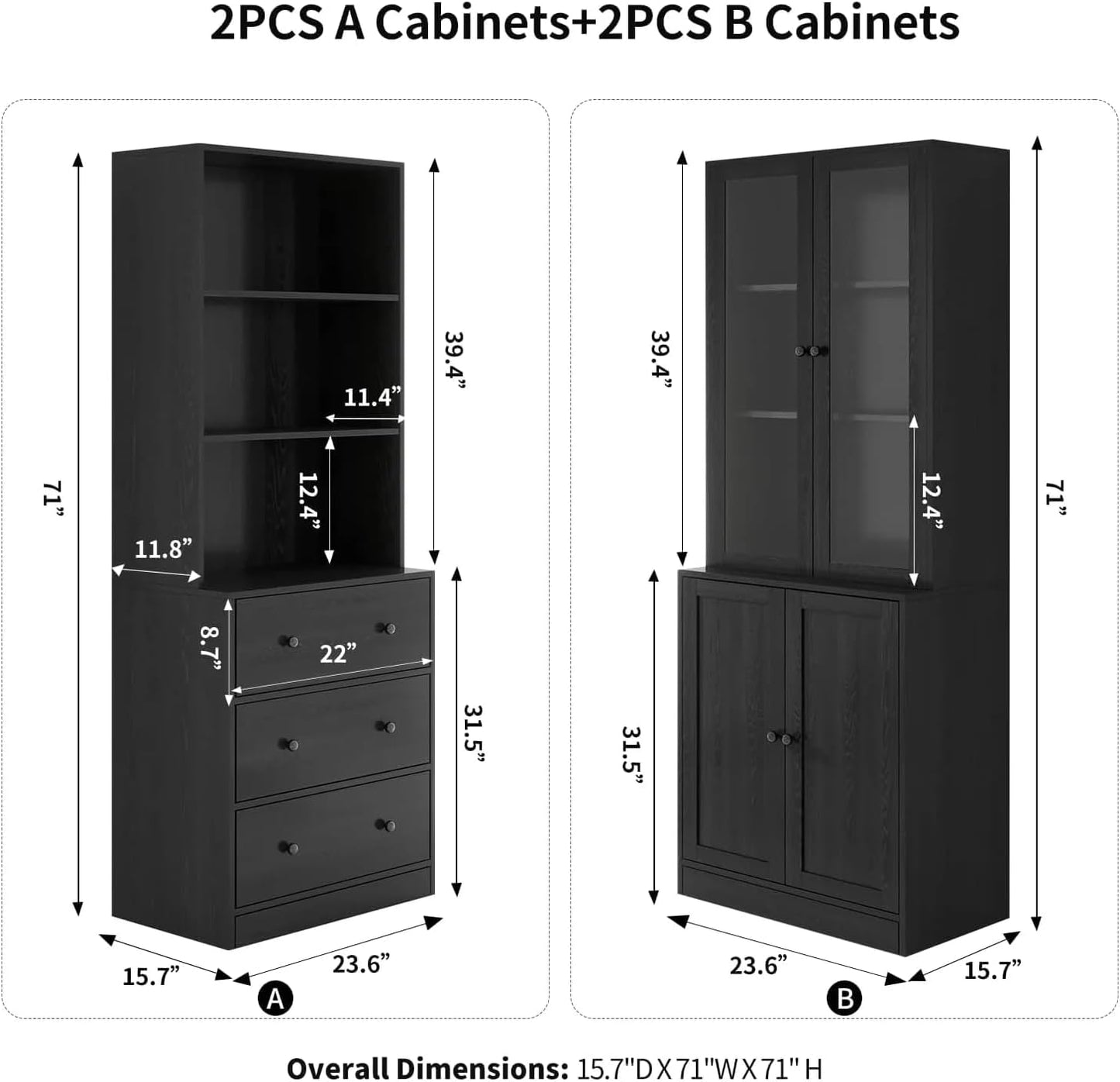 TUSY 71" Bookshelf Bookcase, 3-Tier Modern Bookshelves 3 Large Drawer, Wood Filing Cabinet with Open Storage Shelf, Glass Doors 5-Tier Fixed Storage Shelves for Home Office (Black)