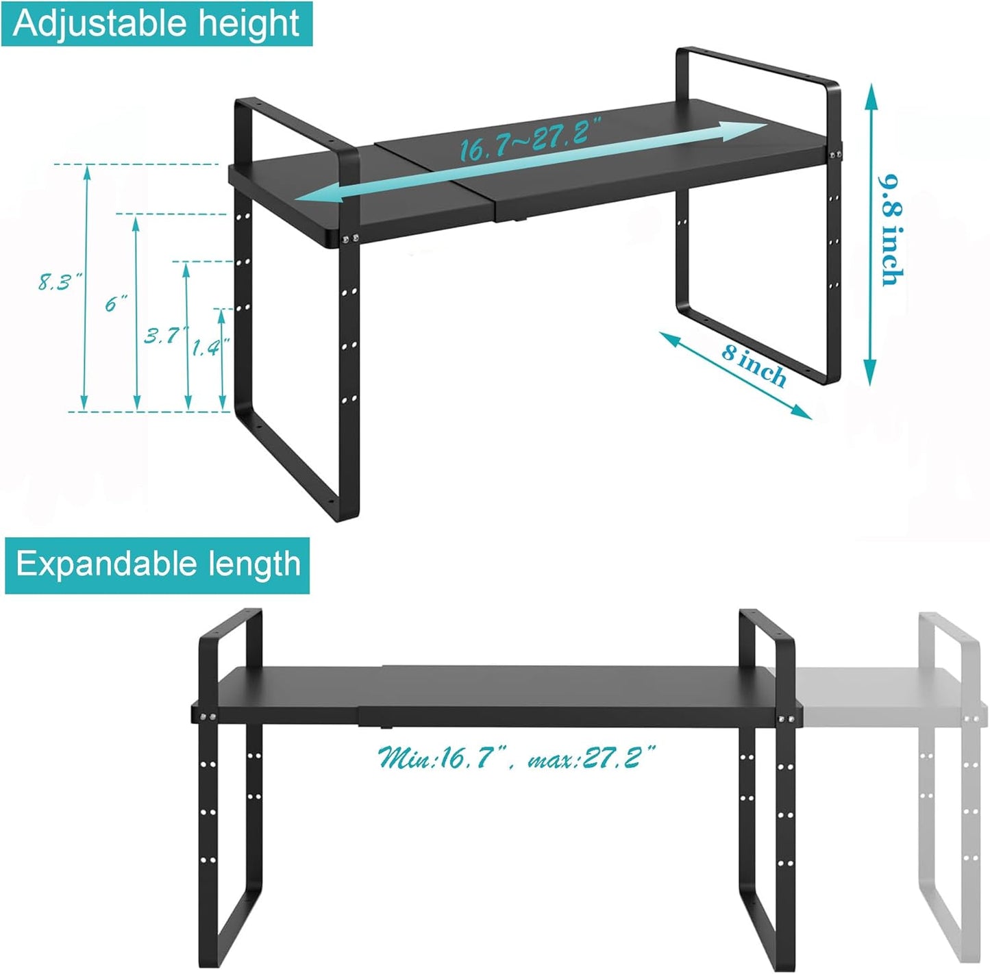 iPEGTOP 2 Pack Expandable Cabinet Storage Shelf Organizer Rack, Heavy Duty Steel Metal Spice Rack Adjustable Height Office Garage Pantry Shelf Space Riser for Counter Kitchen Organization, Black