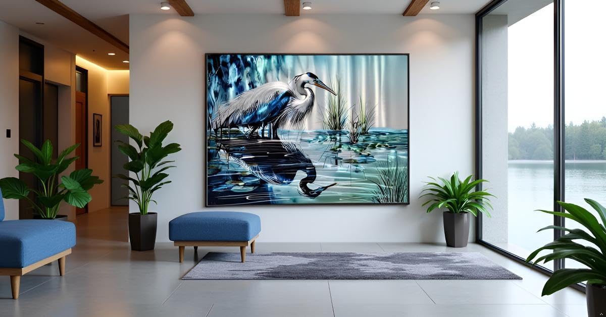 Yihui Arts Elegant Blue and Silver Heron Metal Wall Art for a Modern and Contemporary Home Decor Accent