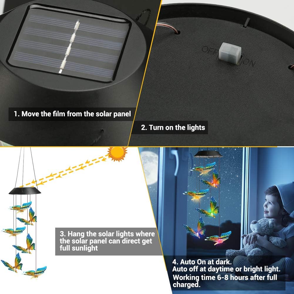 Toodour Solar Wind Chime, Color Changing Wind Chimes Butterfly, LED Decorative Mobile, Gifts for Mom Grandma, Waterproof Outdoor Decorative Lights for Garden, Patio, Yard, Window, Outdoor Decor