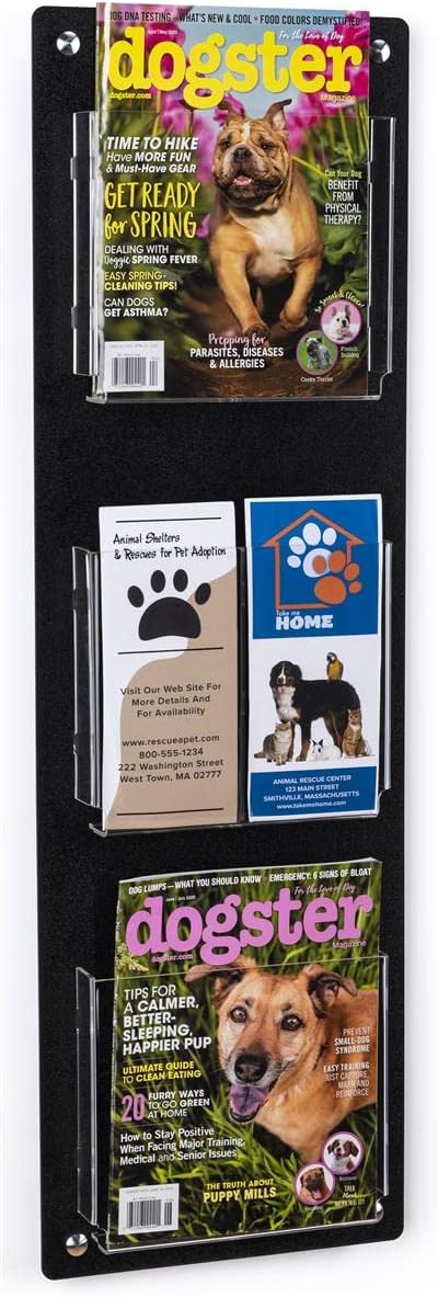 Displays2go Tiered Magazine Holder for Wall, 3-6 Adjustable Pockets, Frameless Acrylic - Black (2RP3BLK)