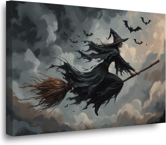 Witch and bat flying Halloween poster suitable for home party wall decoration retro Halloween preppy style wall art canvas print suitable for room decoration8x12in Wood Framed